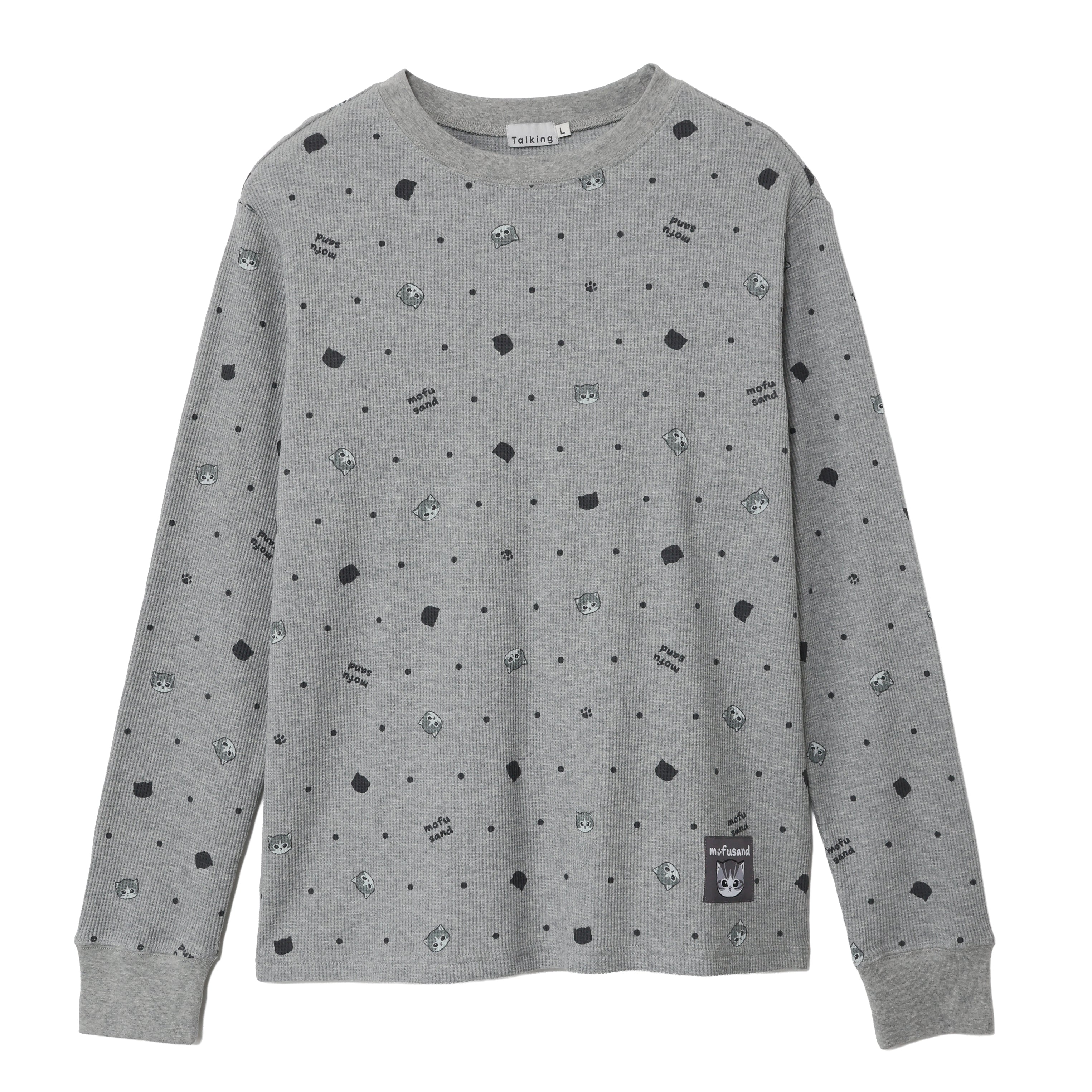 mofusand ワッフル長袖Tシャツ ドット柄 グレー